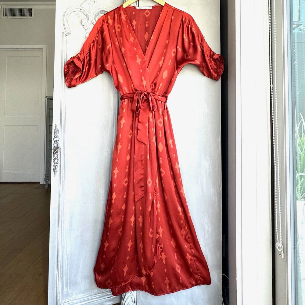 Fraiche by J Miro Faux Wrap Midi Dress Small Red Satin Flutter Sleeve Made USA